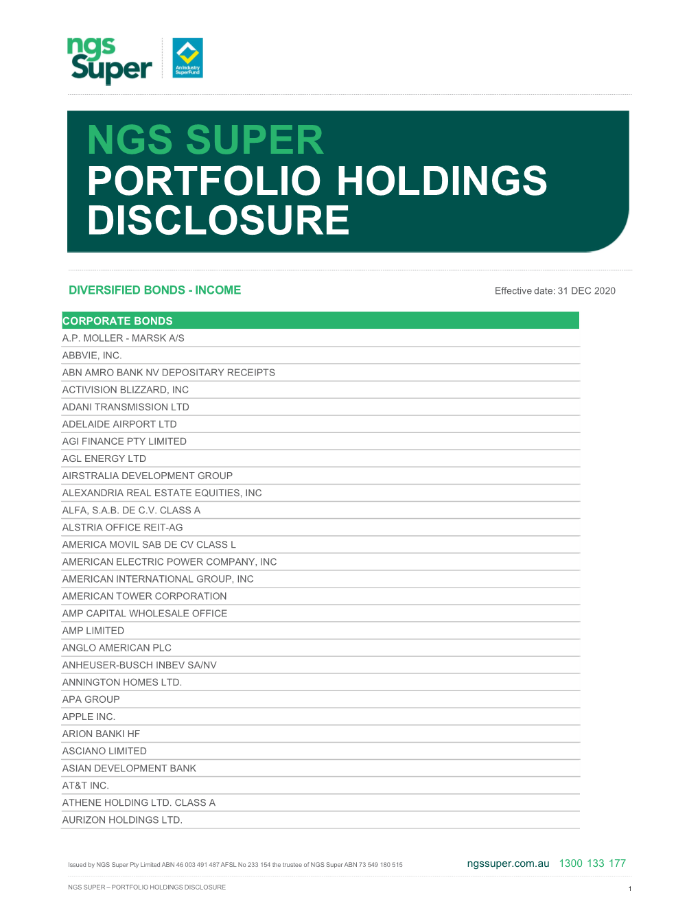 Ngs Super Portfolio Holdings Disclosure