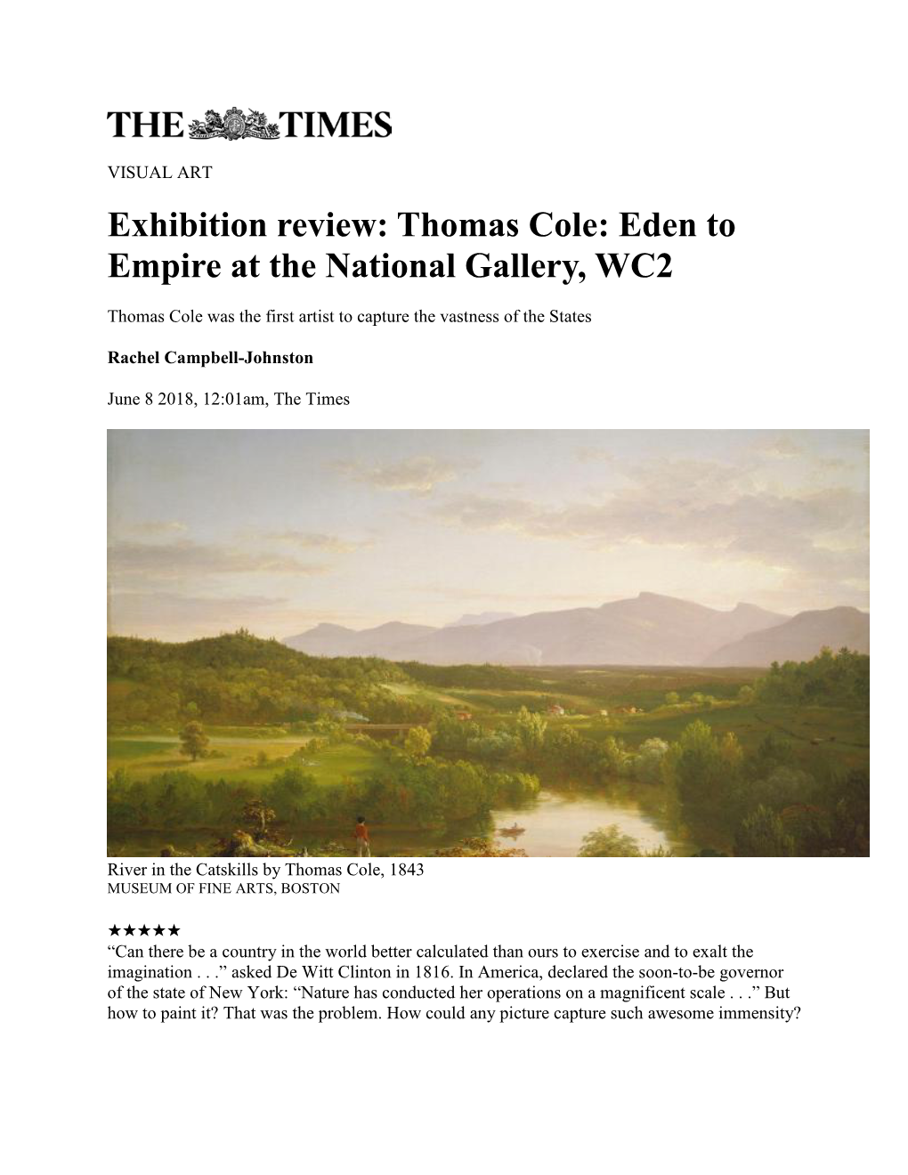 Thomas Cole: Eden to Empire at the National Gallery, WC2