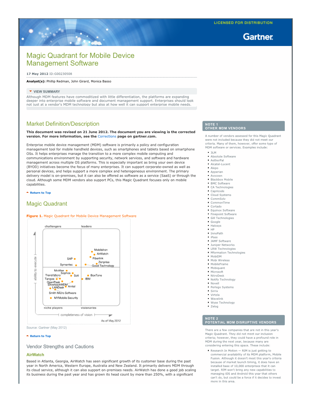 Magic Quadrant for Mobile Device Management Software