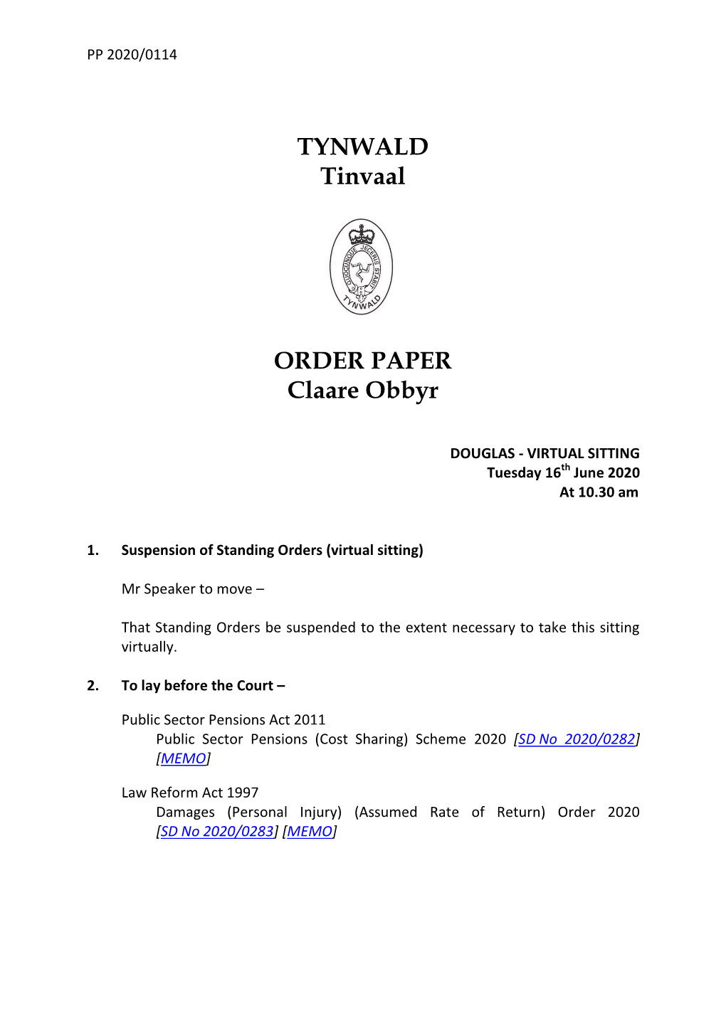 TYNWALD Tinvaal ORDER PAPER Claare Obbyr