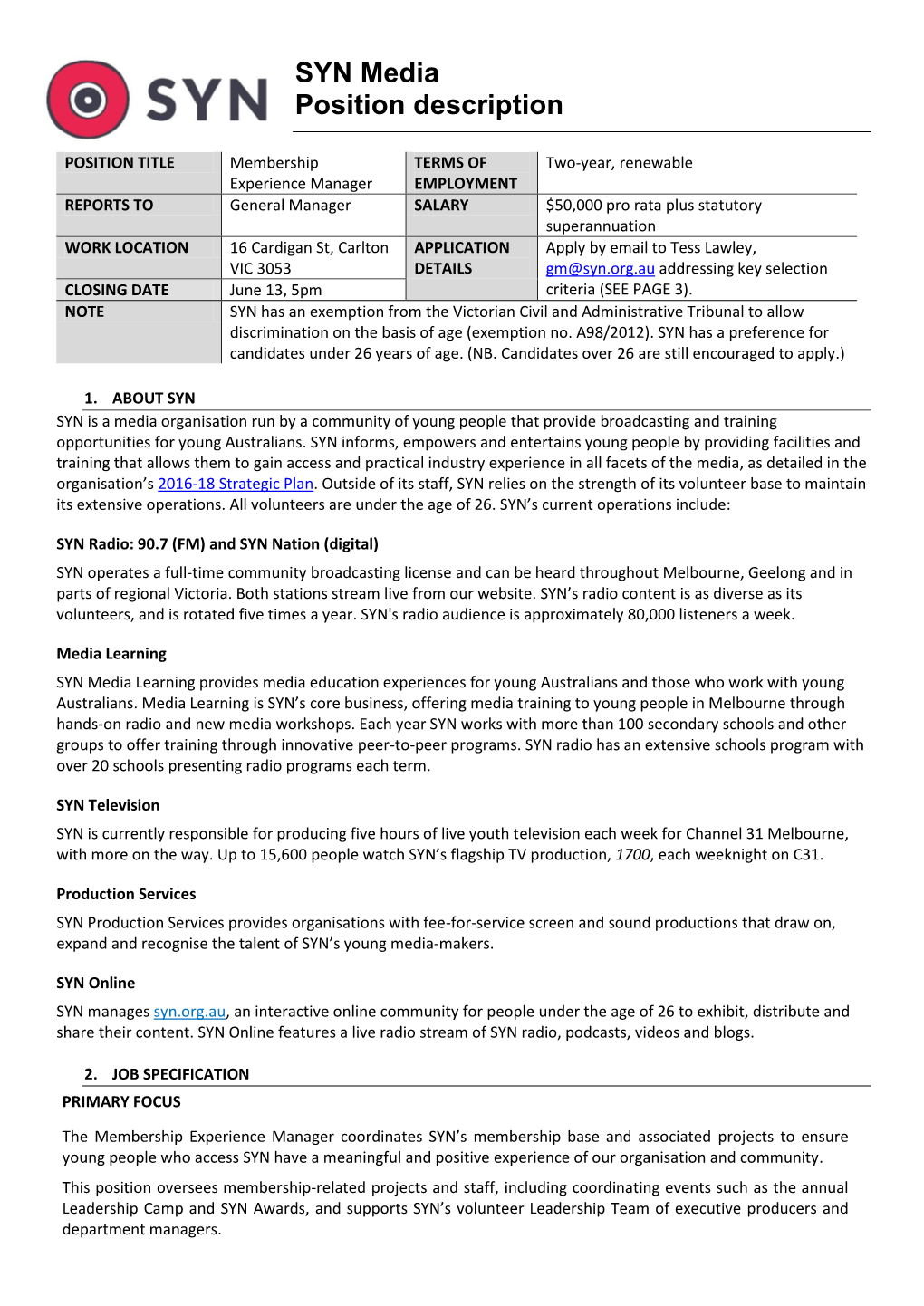 SYN Media Position Description