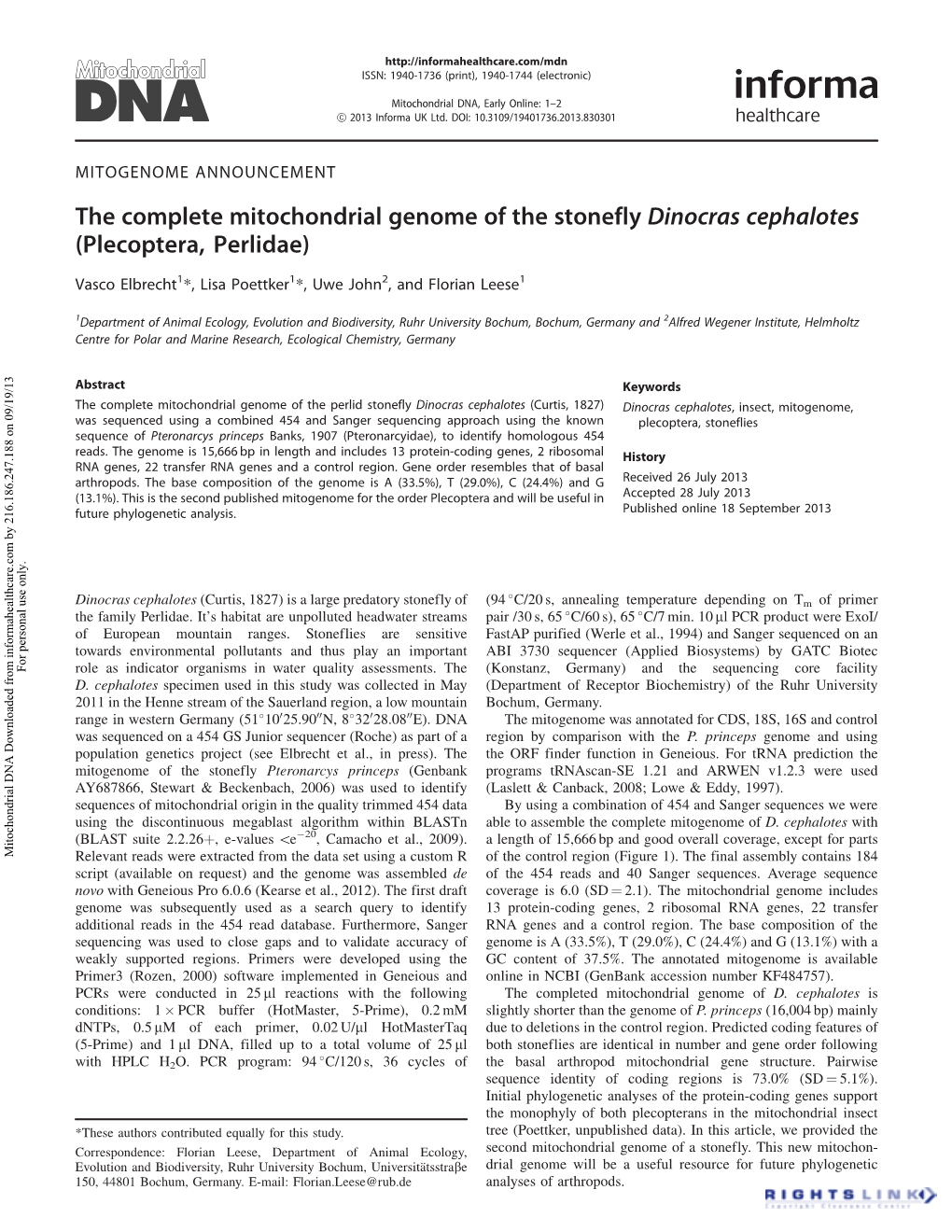 The Complete Mitochondrial Genome of the Stonefly Dinocras Cephalotes (Plecoptera, Perlidae)