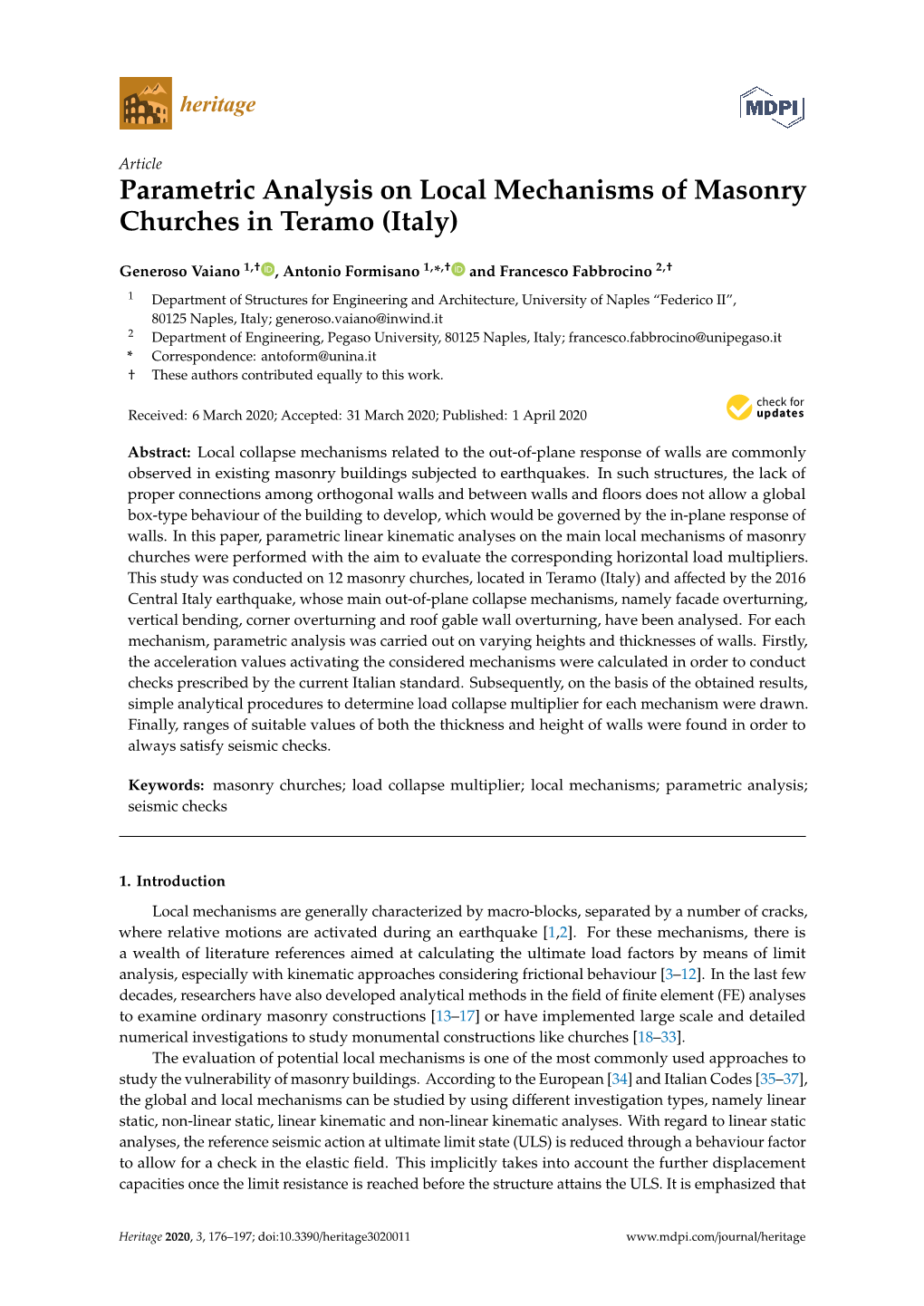 Parametric Analysis on Local Mechanisms of Masonry Churches in Teramo (Italy)