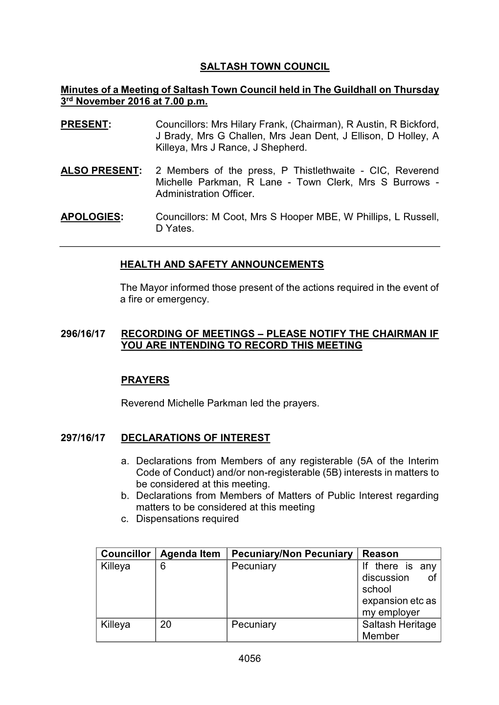 4056 SALTASH TOWN COUNCIL Minutes of a Meeting of Saltash