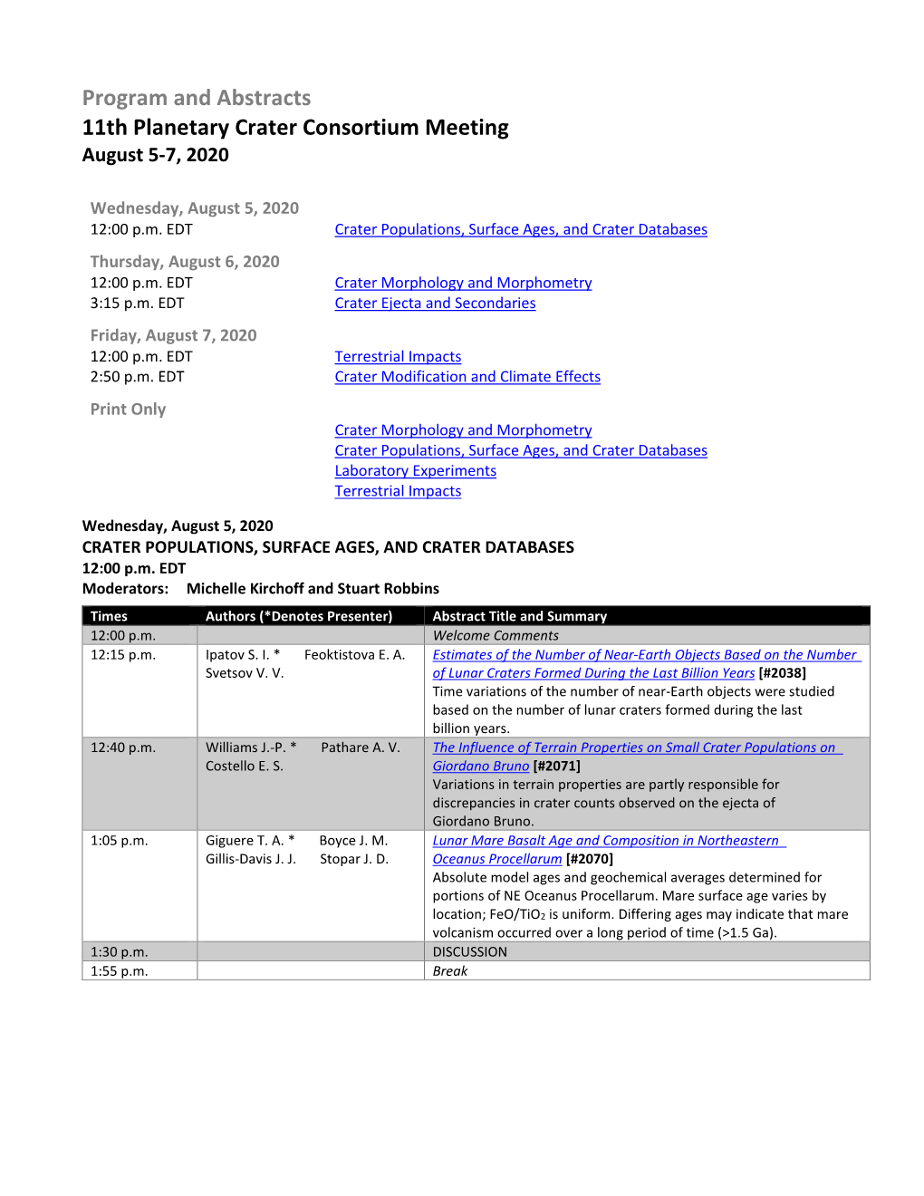 Program and Abstracts 11Th Planetary Crater Consortium Meeting August 5-7, 2020