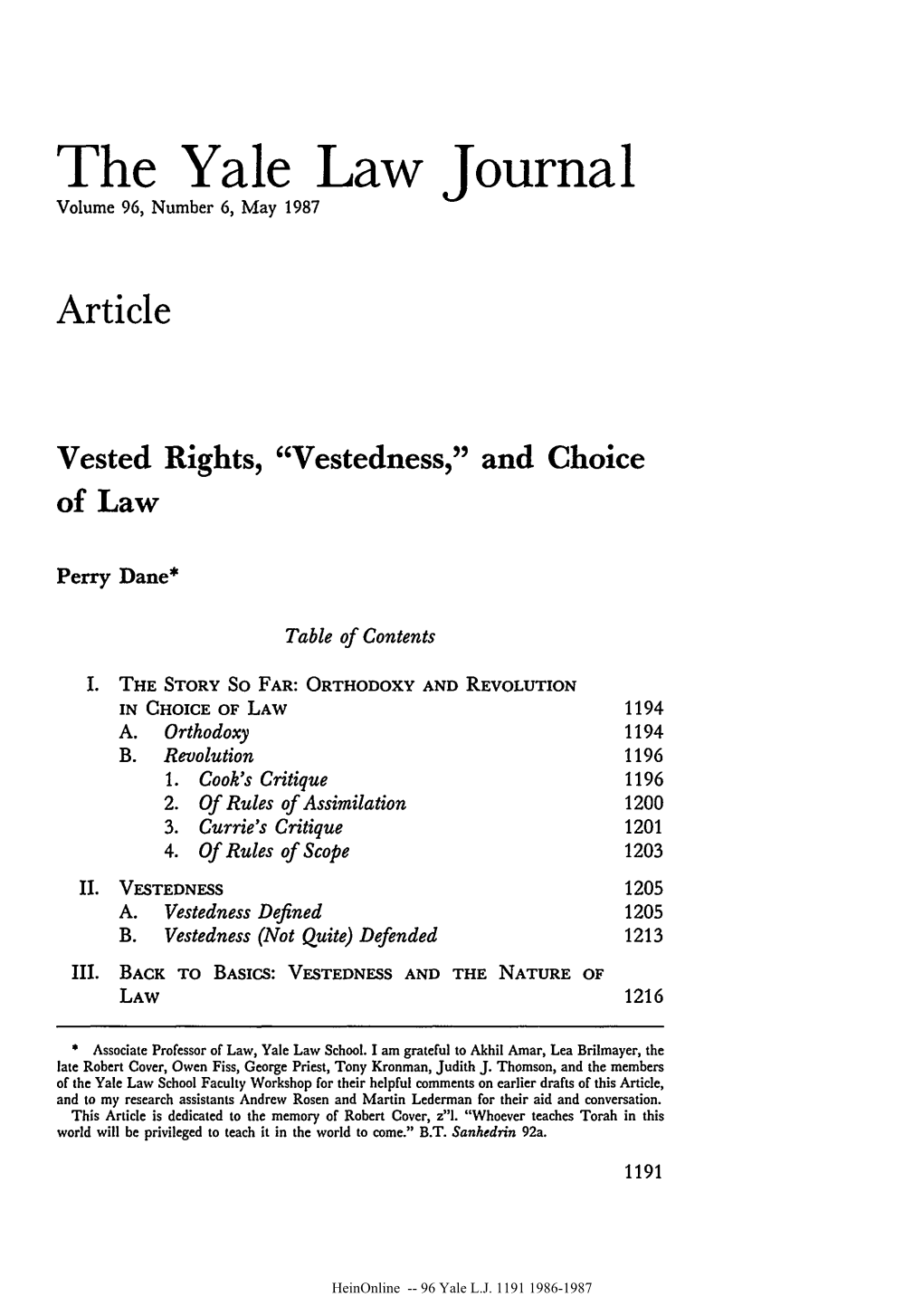 Vested Rights, "Vestedness," and Choice of Law