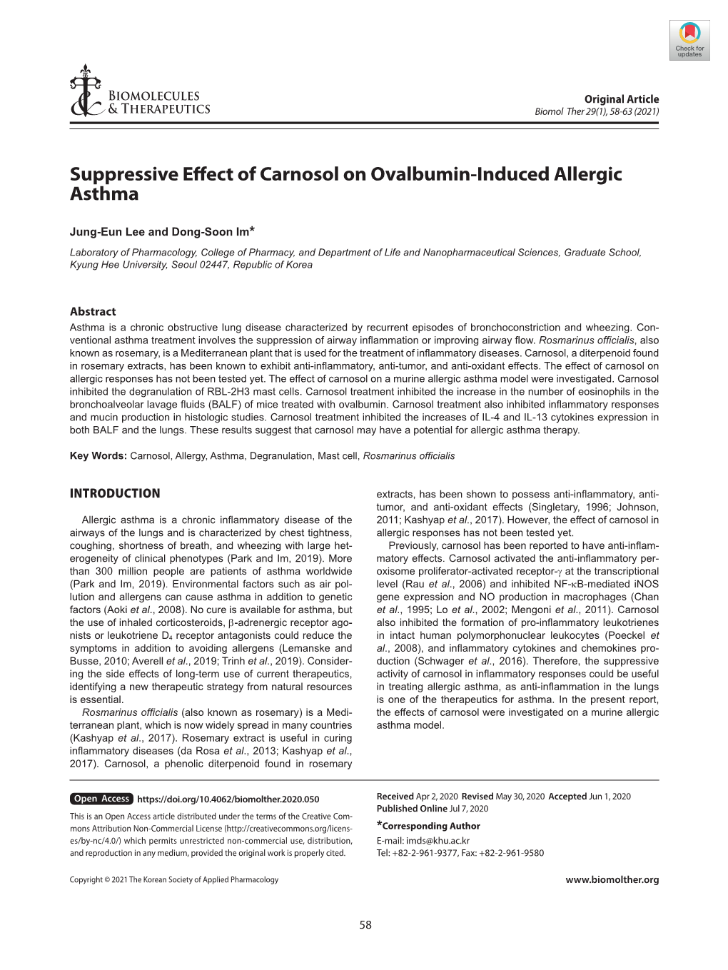 Suppressive Effect of Carnosol on Ovalbumin-Induced Allergic Asthma