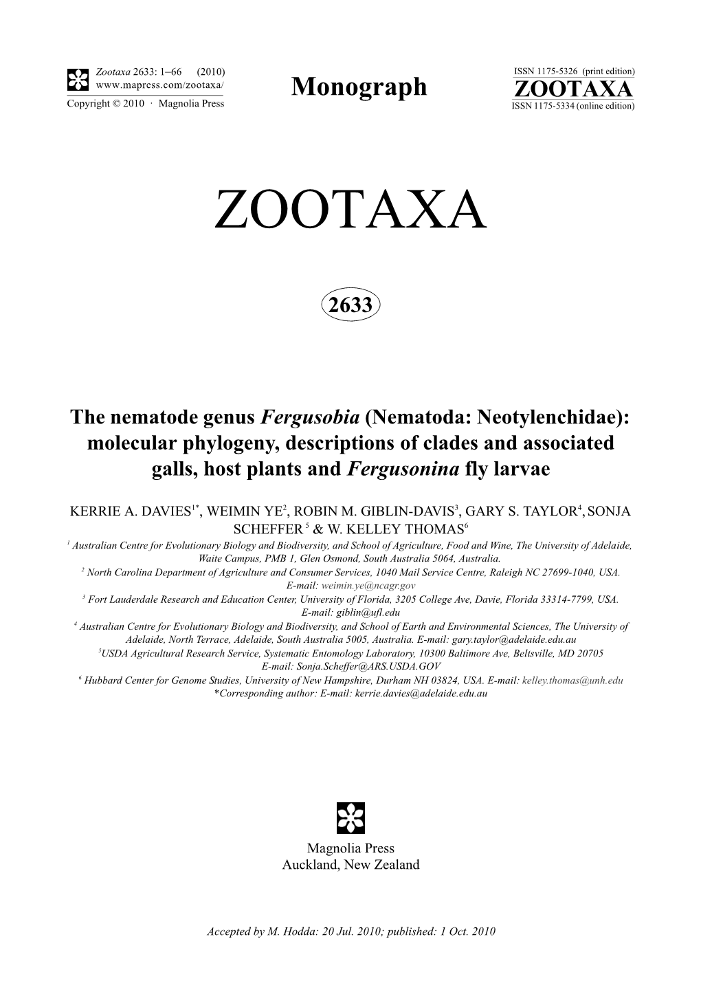 Zootaxa, the Nematode Genus Fergusobia