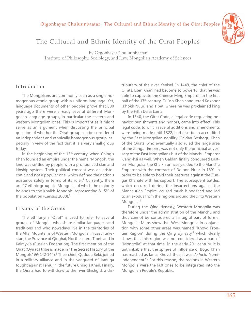 The Cultural and Ethnic Identity of the Oirat Peoples
