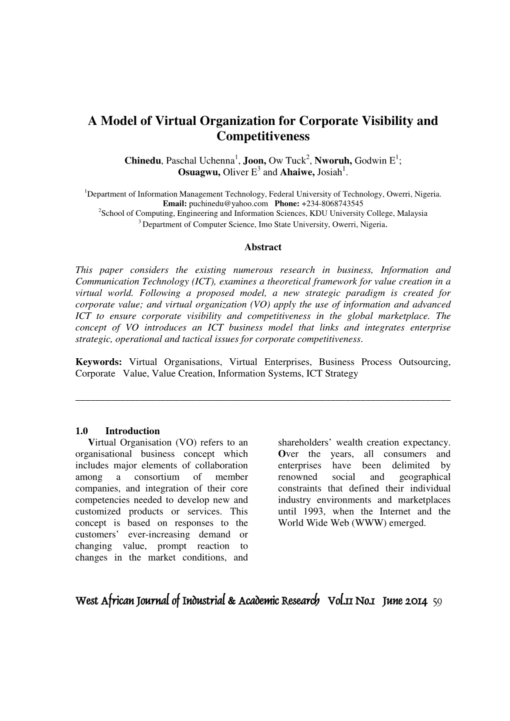 A Model of Virtual Organization for Corporate Visibility and Competitiveness