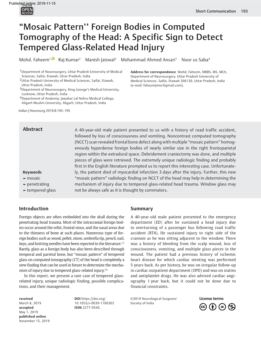 “Mosaic Pattern'' Foreign Bodies in Computed Tomography of the Head