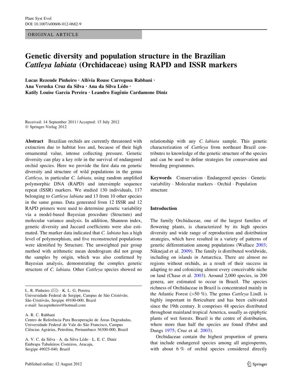 Genetic Diversity and Population Structure in the Brazilian Cattleya Labiata (Orchidaceae) Using RAPD and ISSR Markers