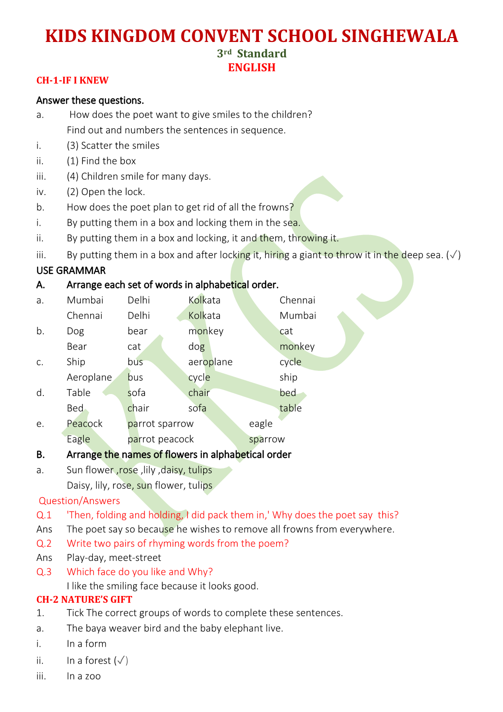 KIDS KINGDOM CONVENT SCHOOL SINGHEWALA 3Rd Standard ENGLISH CH-1-IF I KNEW Answer These Questions