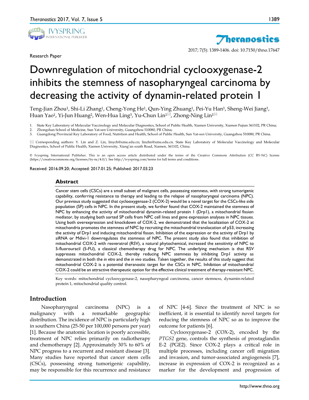 Theranostics Downregulation of Mitochondrial Cyclooxygenase-2 Inhibits the Stemness of Nasopharyngeal Carcinoma by Decreasing Th