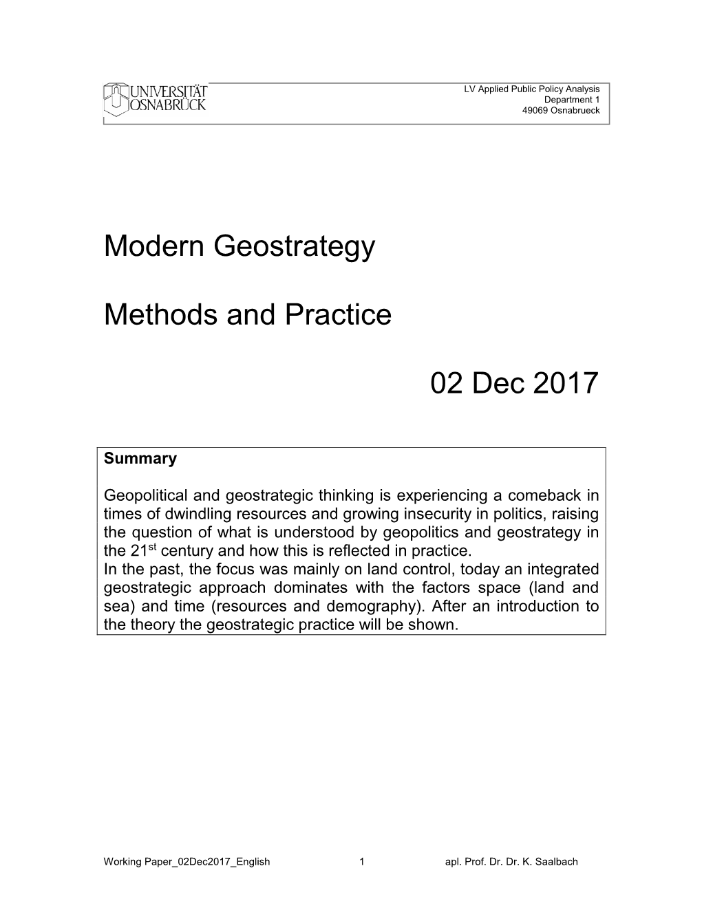Modern Geostrategy Methods and Practice 02 Dec 2017