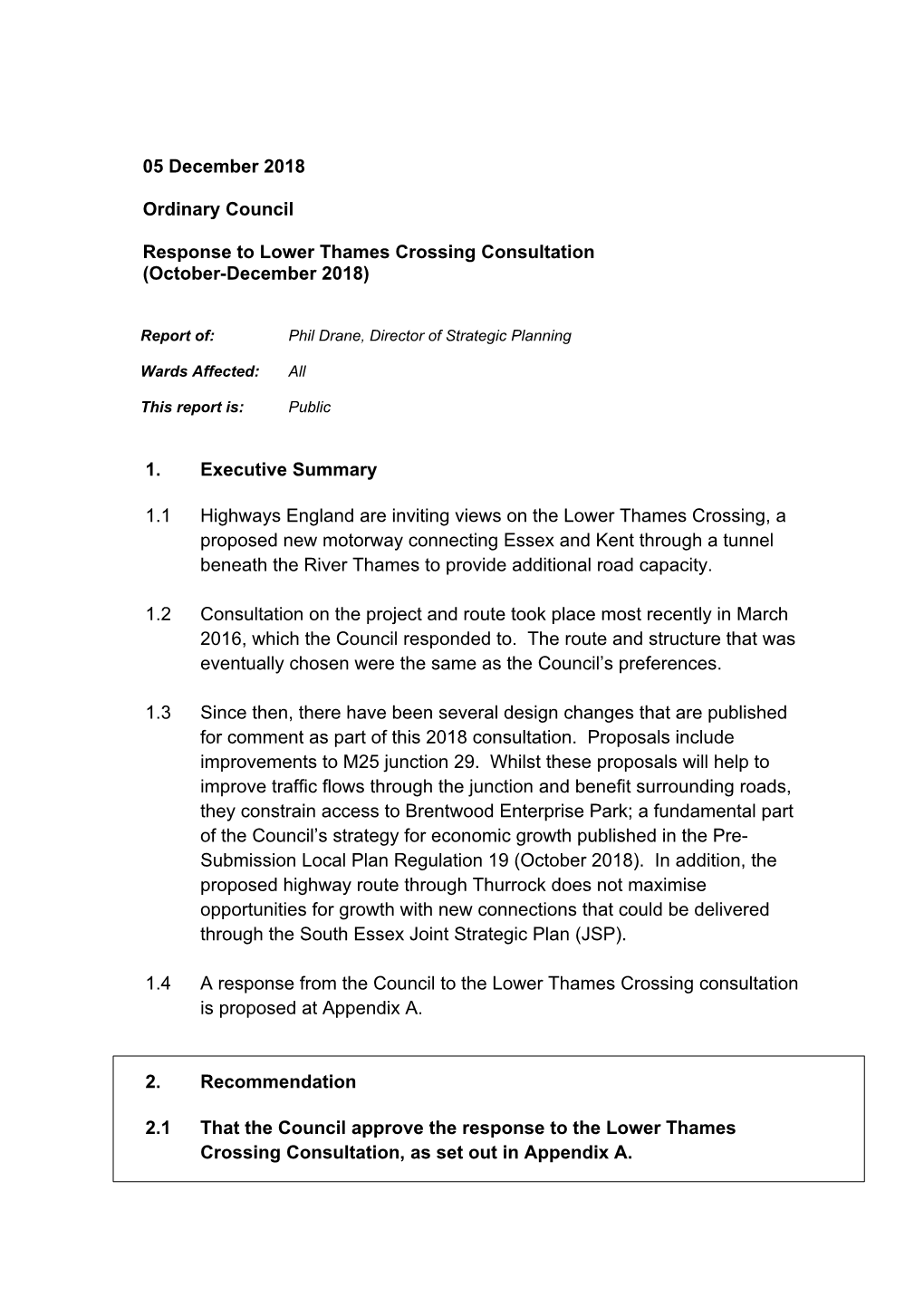Response to Lower Thames Crossing Consultation (October-December 2018)