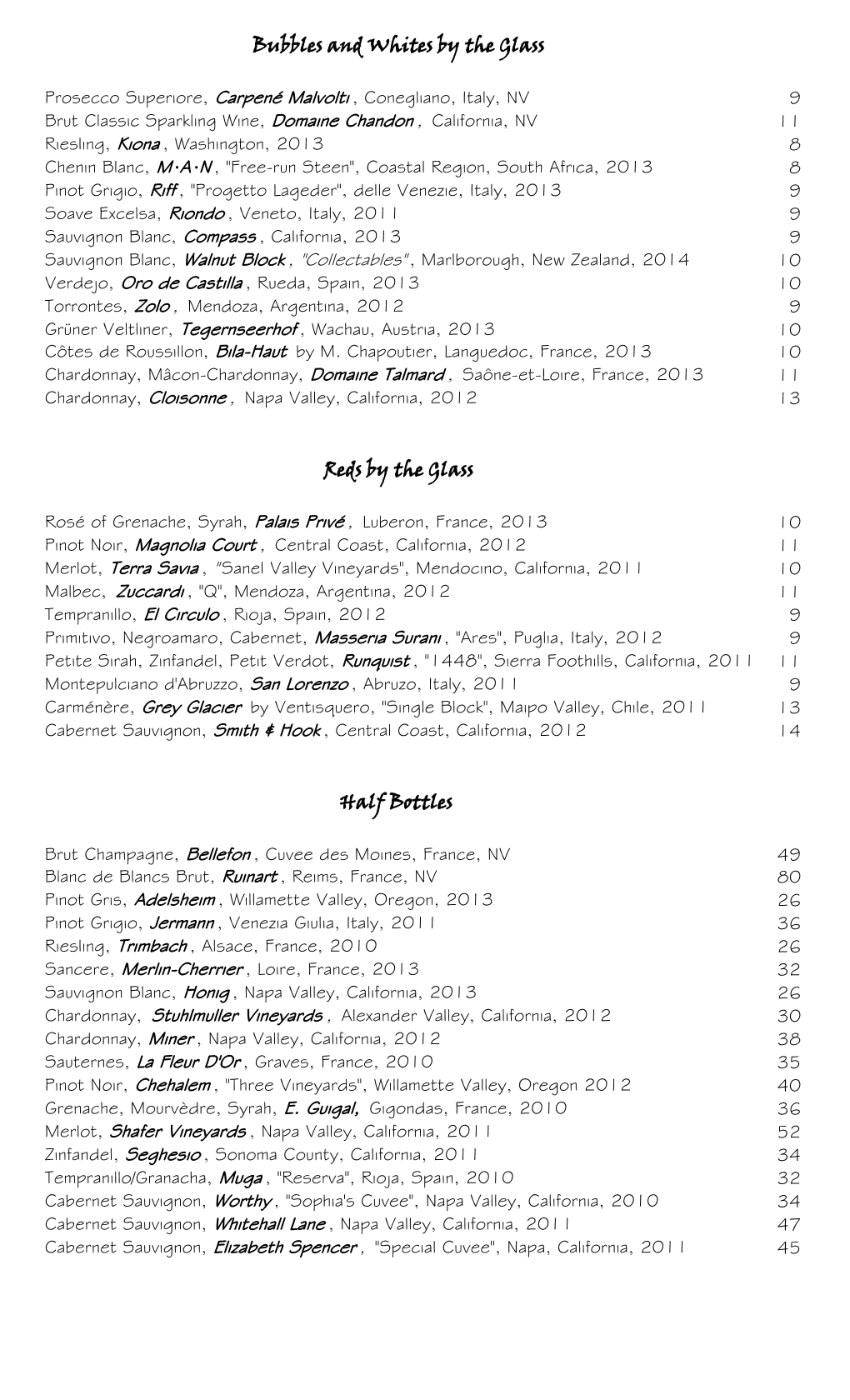 Sample Wine List