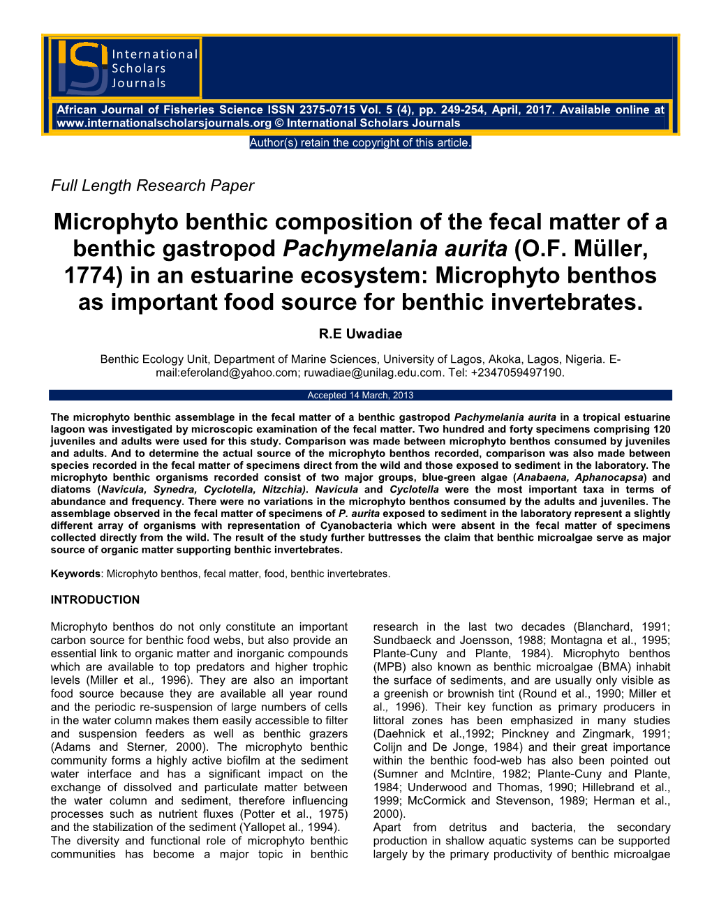 Microphyto Benthic Composition of the Fecal Matter of a Benthic Gastropod Pachymelania Aurita (O.F