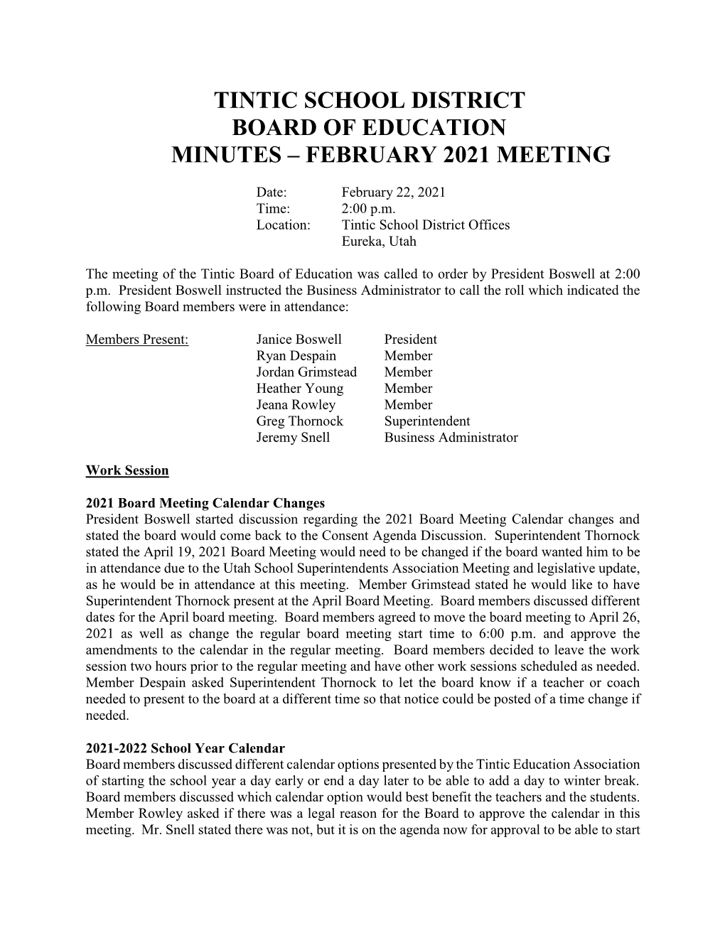 Tintic School District Board of Education Minutes – February 2021 Meeting