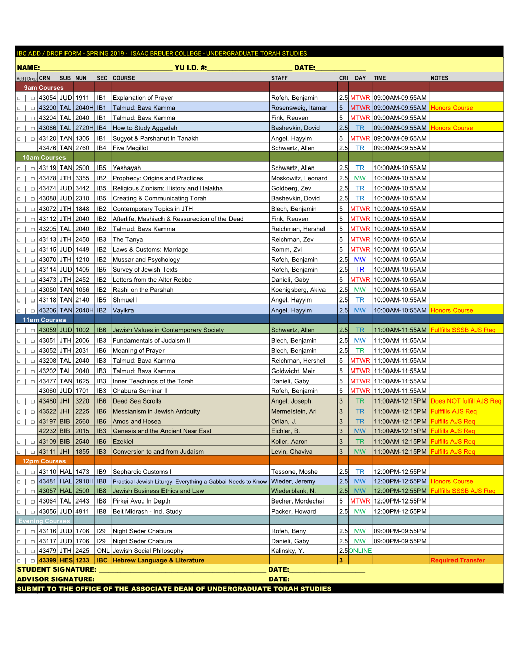Ibc Add / Drop Form - Spring 2019 - Isaac Breuer College - Undergraduate Torah Studies