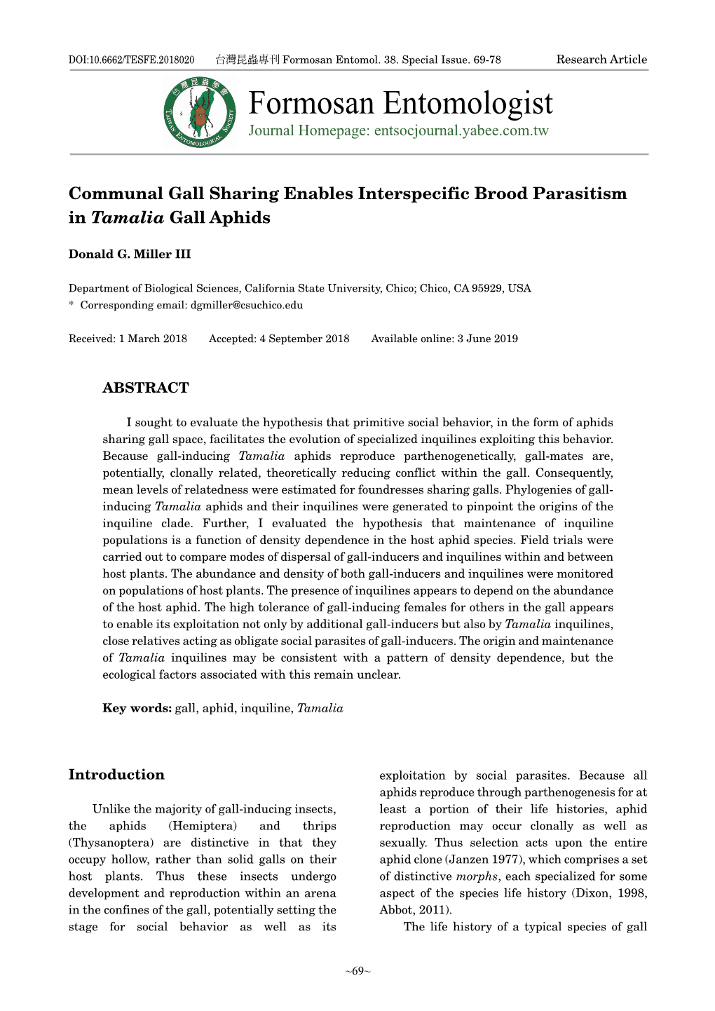 Formosan Entomologist Journal Homepage: Entsocjournal.Yabee.Com.Tw