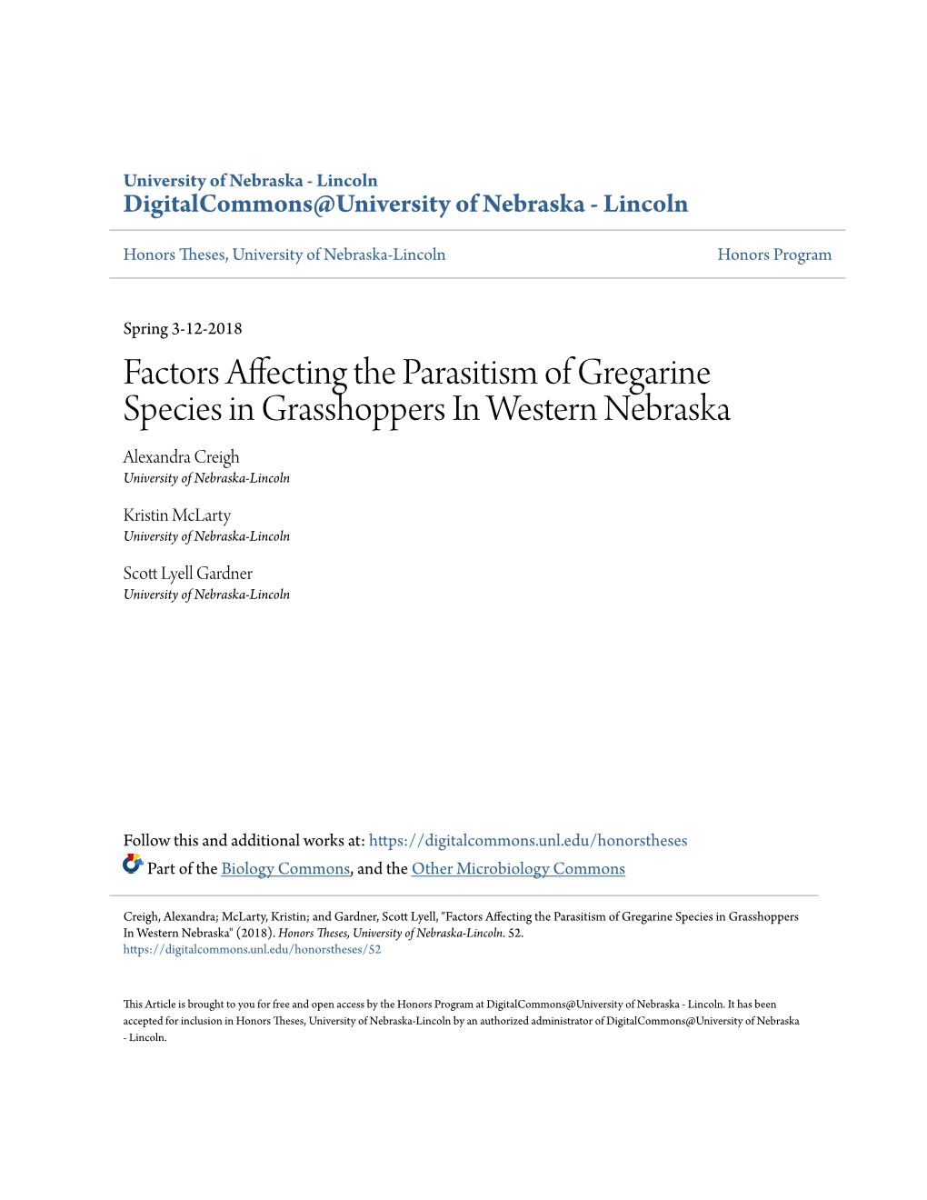 Factors Affecting the Parasitism of Gregarine Species in Grasshoppers in Western Nebraska Alexandra Creigh University of Nebraska-Lincoln