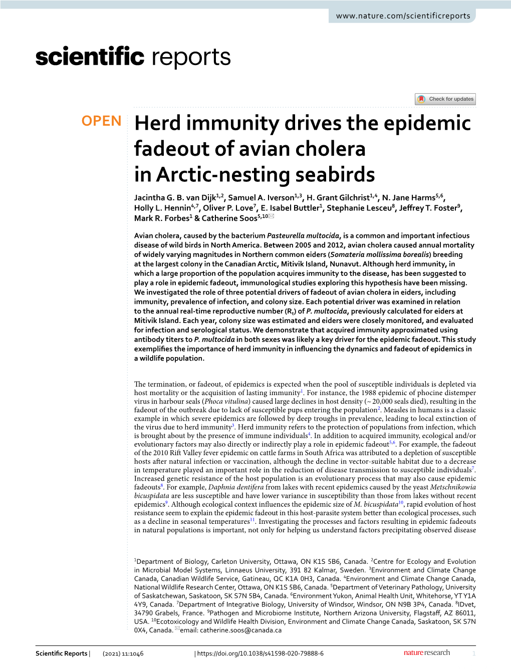 Herd Immunity Drives the Epidemic Fadeout of Avian Cholera in Arctic‑Nesting Seabirds Jacintha G