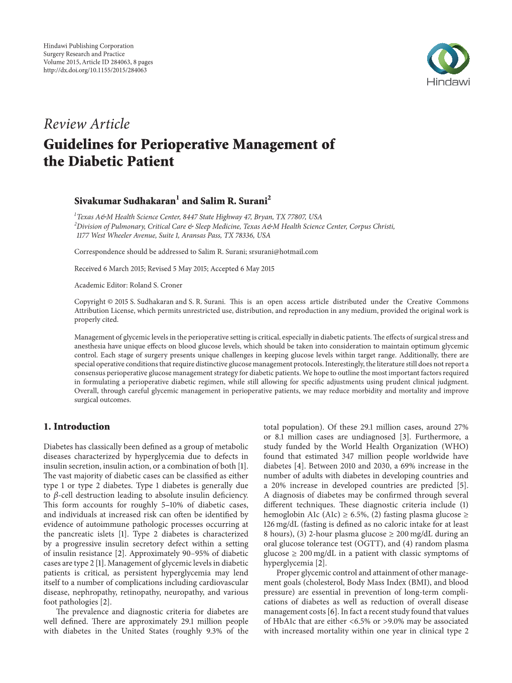 Review Article Guidelines for Perioperative Management of the Diabetic Patient