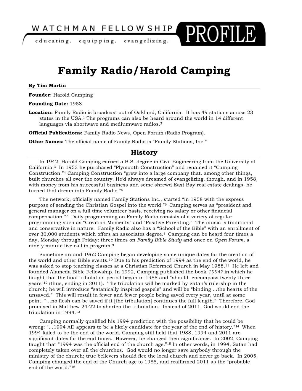 Family Radio / Harold Camping Profile