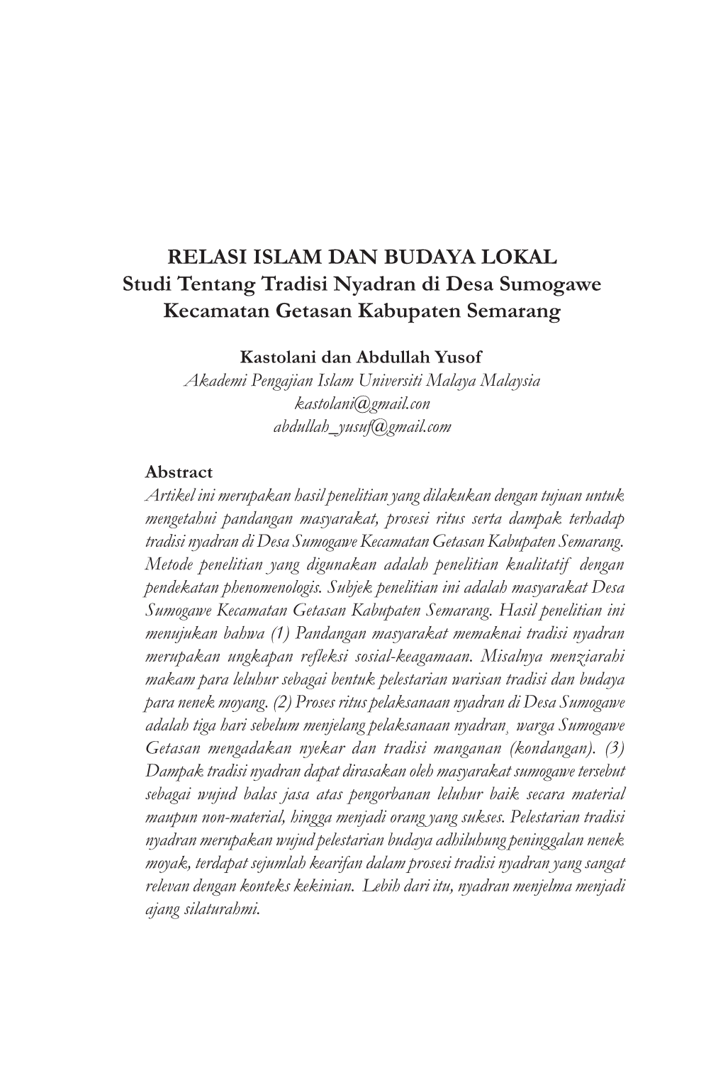 RELASI ISLAM DAN BUDAYA LOKAL Studi Tentang Tradisi Nyadran Di Desa Sumogawe Kecamatan Getasan Kabupaten Semarang