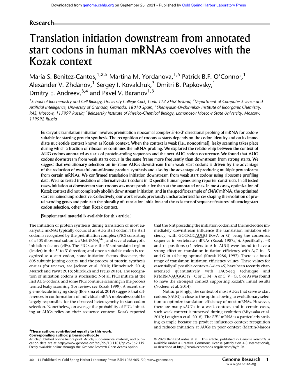 Translation Initiation Downstream from Annotated Start Codons in Human Mrnas Coevolves with the Kozak Context