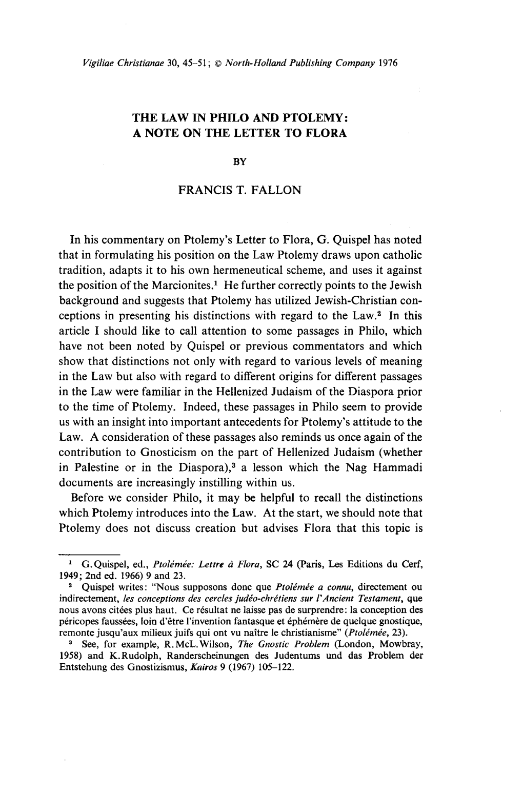 The Law in Philo and Ptolemy: a Note on the Letter to Flora