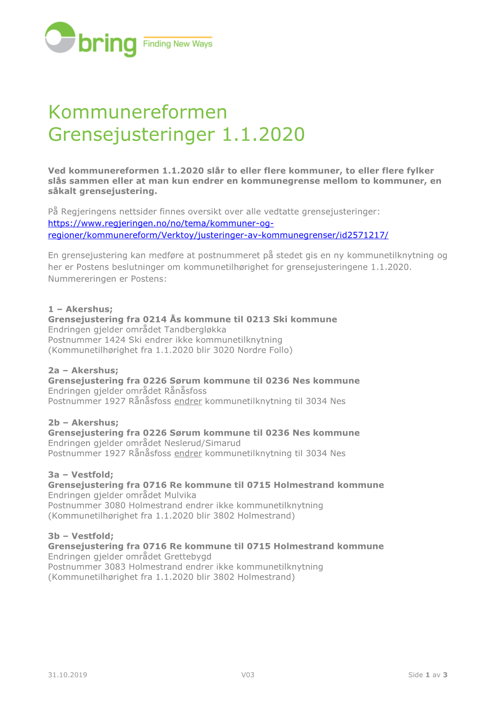 Kommunereformen Grensejusteringer 1.1.2020