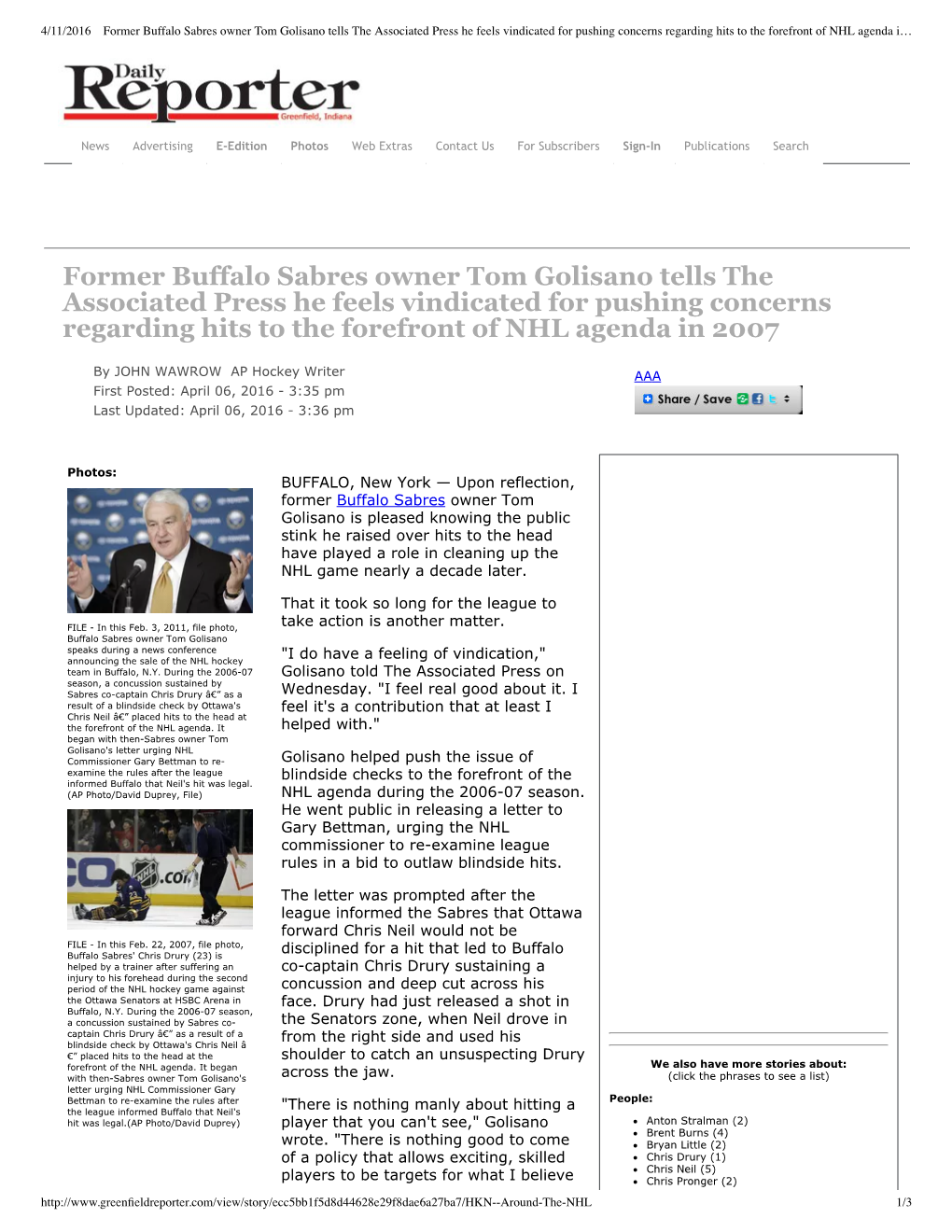 Former Buffalo Sabres Owner Tom Golisano Tells the Associated Press He Feels Vindicated for Pushing Concerns Regarding Hits to the Forefront of NHL Agenda I…