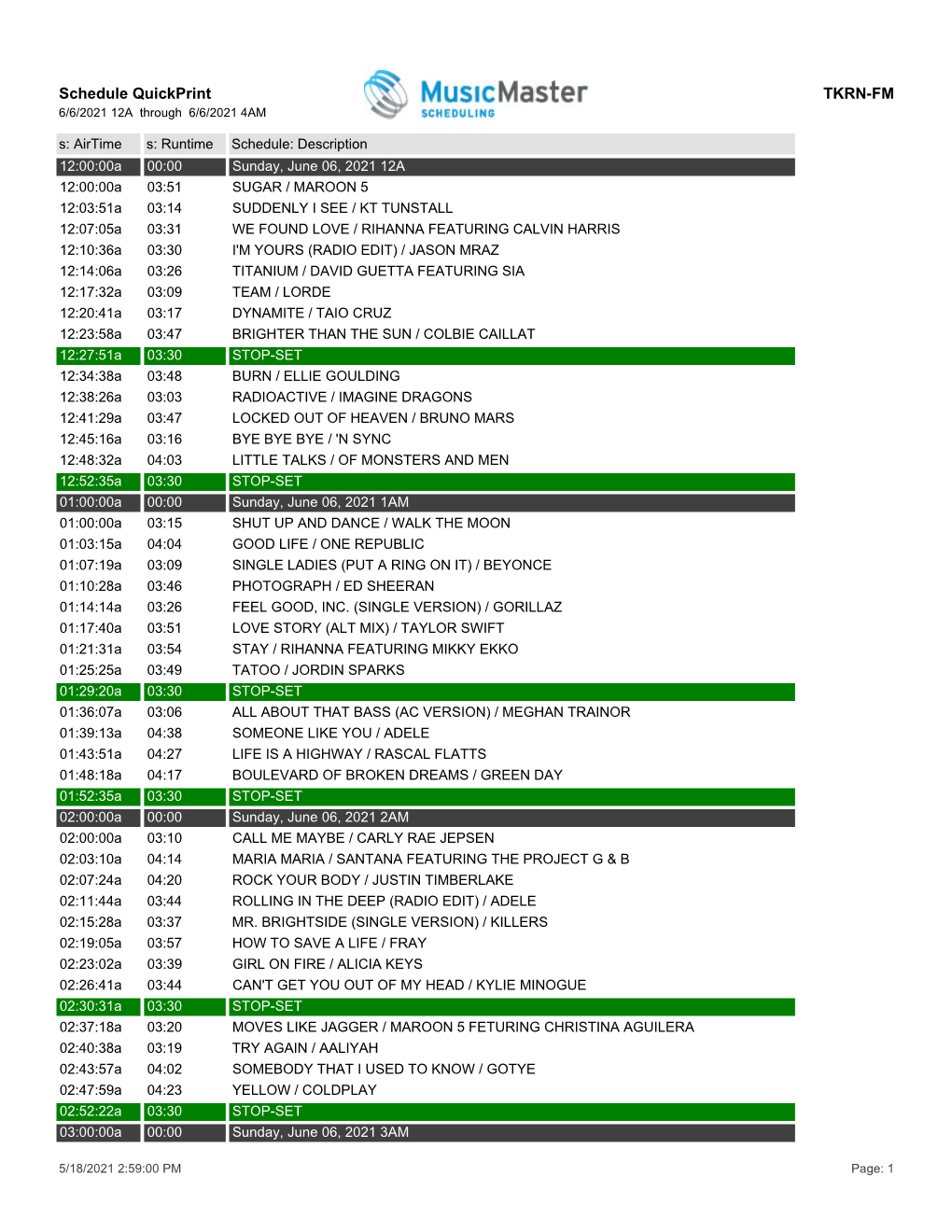 Schedule Quickprint TKRN-FM