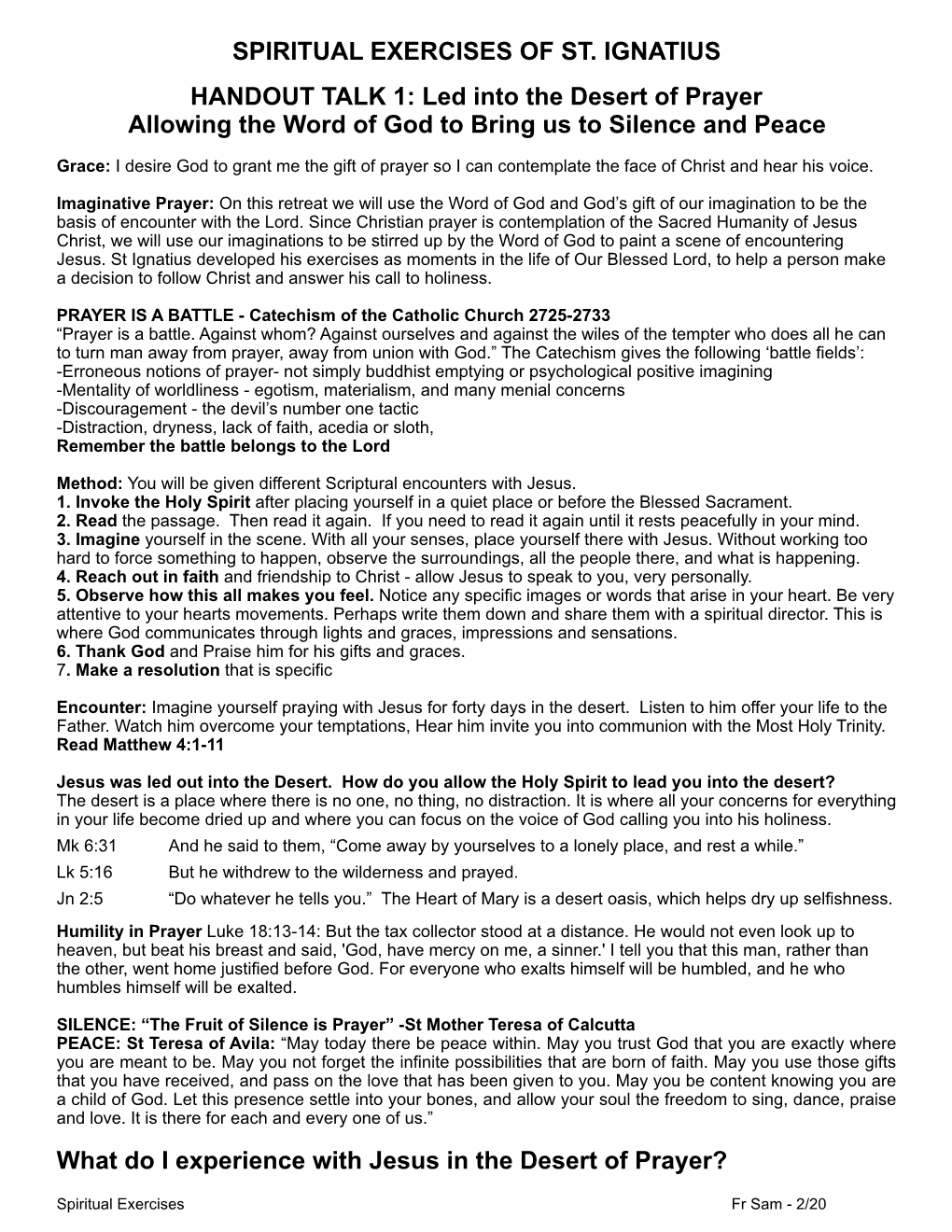 Fr Sam 2-20 Handouts Spiritual Exercise