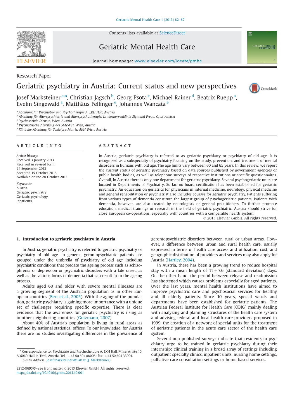 Geriatric Psychiatry in Austria: Current Status and New Perspectives