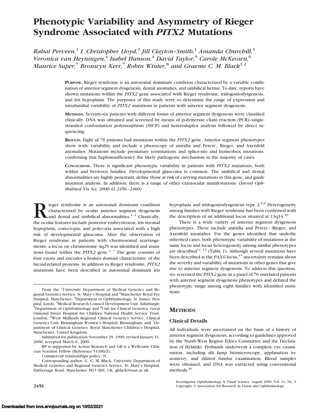 Phenotypic Variability and Asymmetry of Rieger Syndrome Associated with PITX2 Mutations