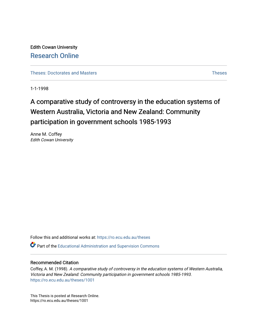 A Comparative Study of Controversy in the Education Systems of Western Australia, Victoria and New Zealand: Community Participation in Government Schools 1985-1993