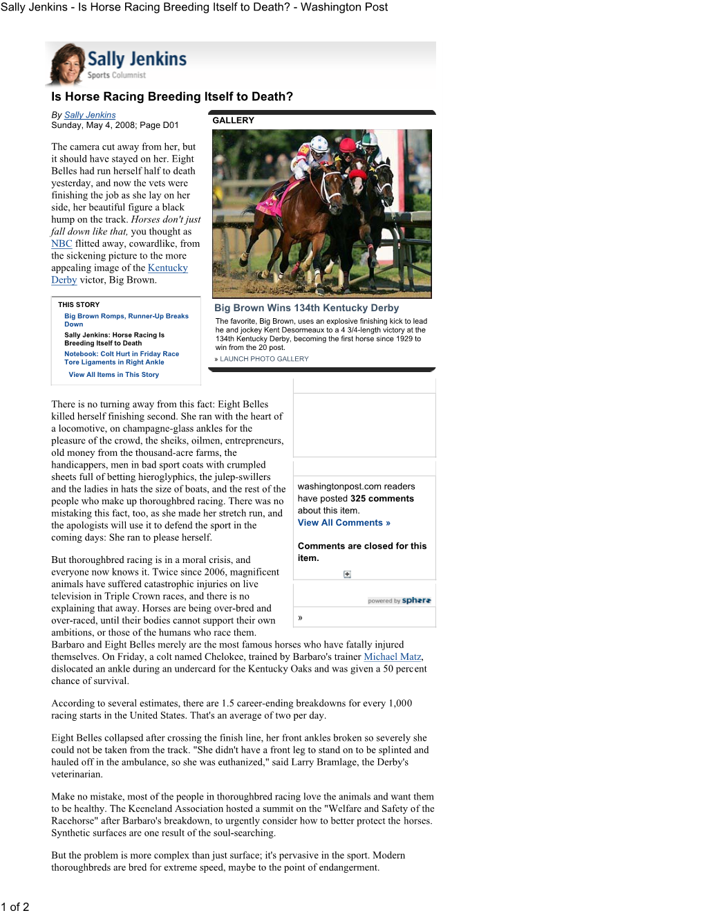 Sally Jenkins - Is Horse Racing Breeding Itself to Death? - Washington Post