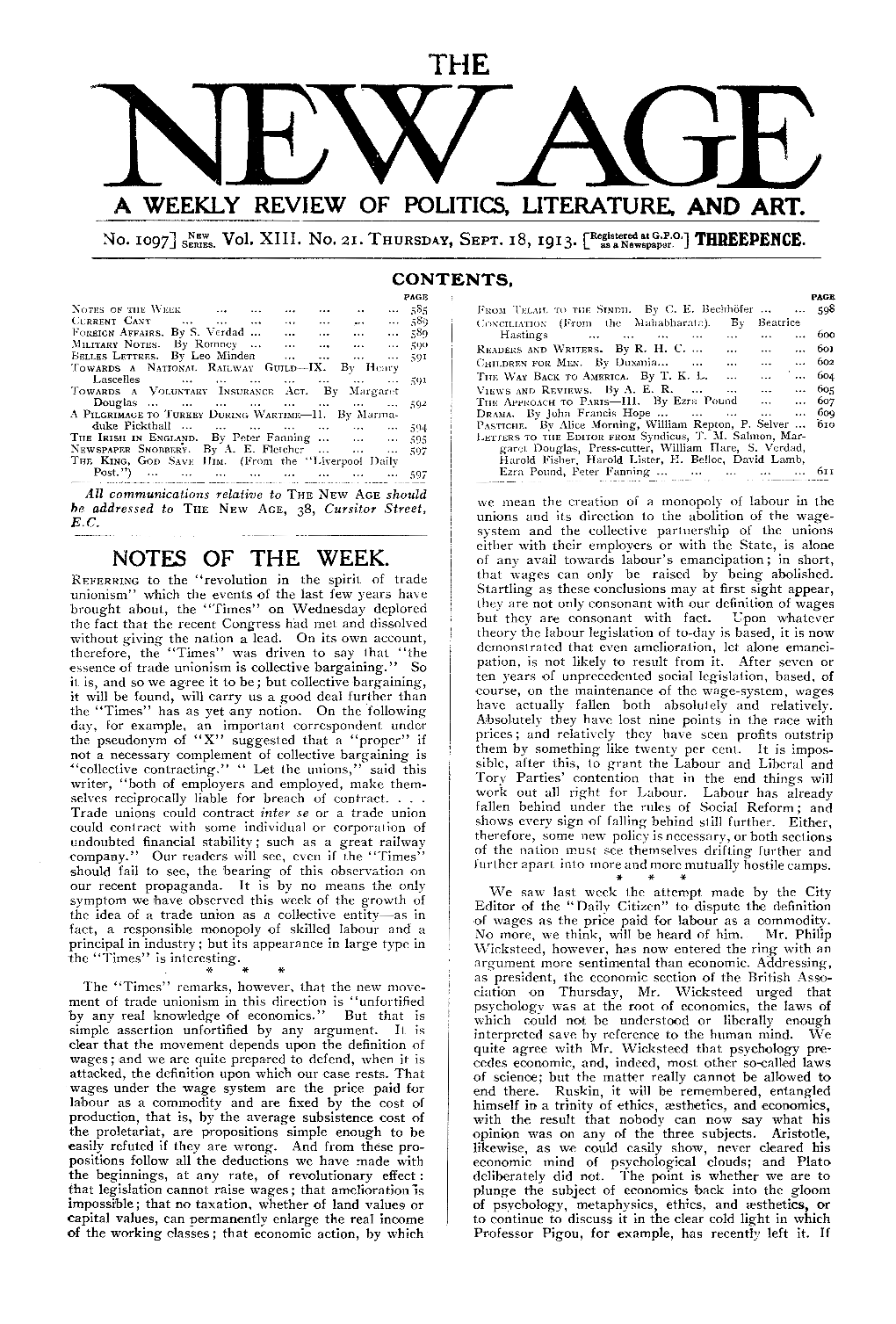 New Age, Vol. 13, No.21, Sept., 18, 1913