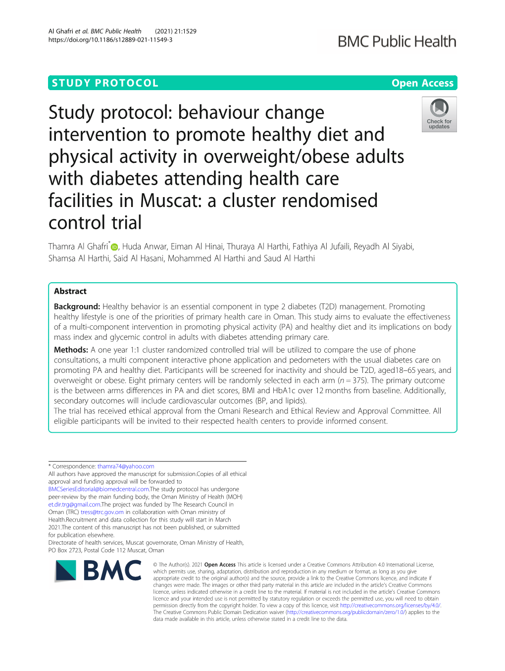 Behaviour Change Intervention to Promote Healthy Diet and Physical