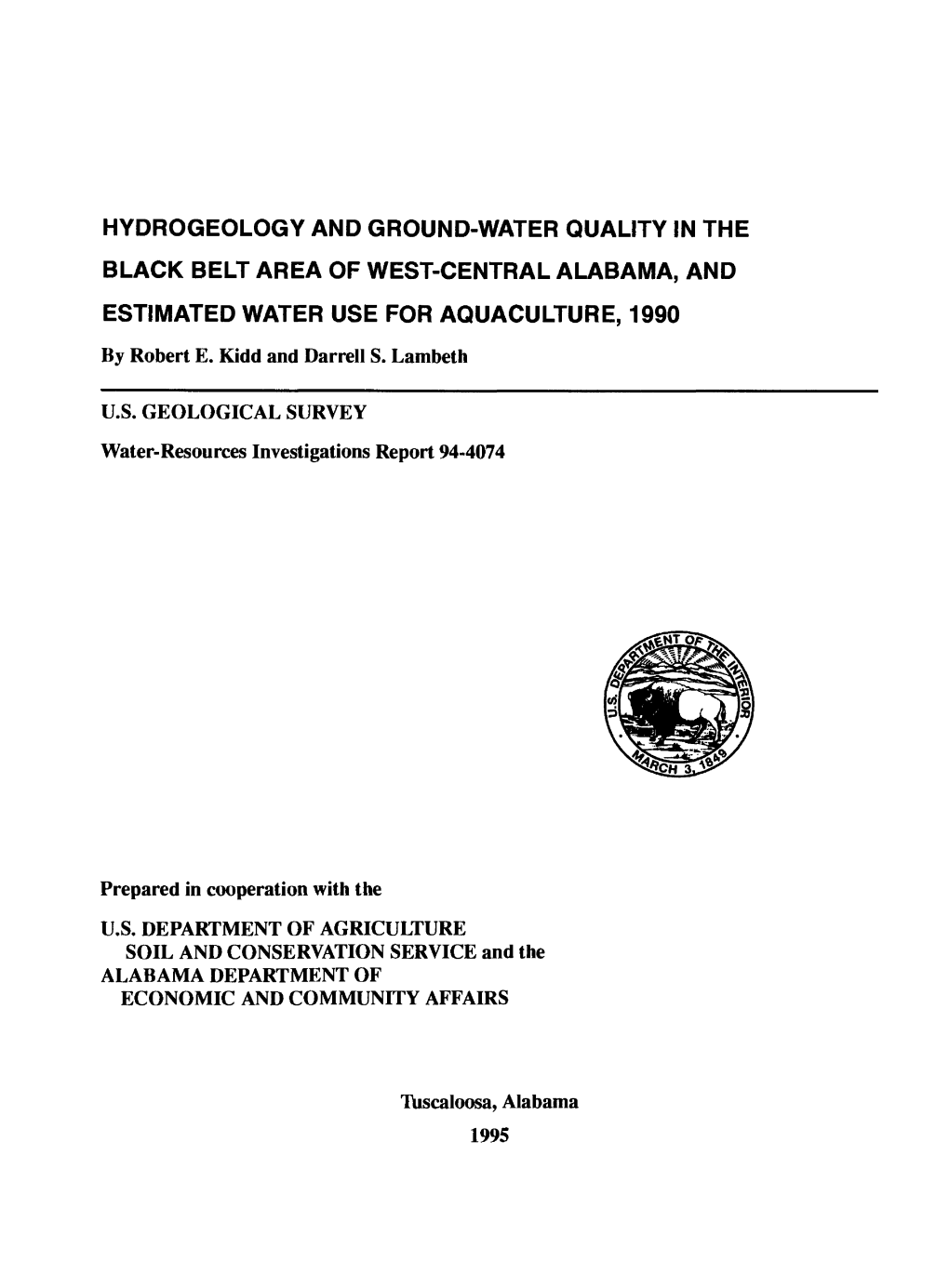 Hydrogeology and Ground-Water Quality in the Black Belt Area of West-Central Alabama, And