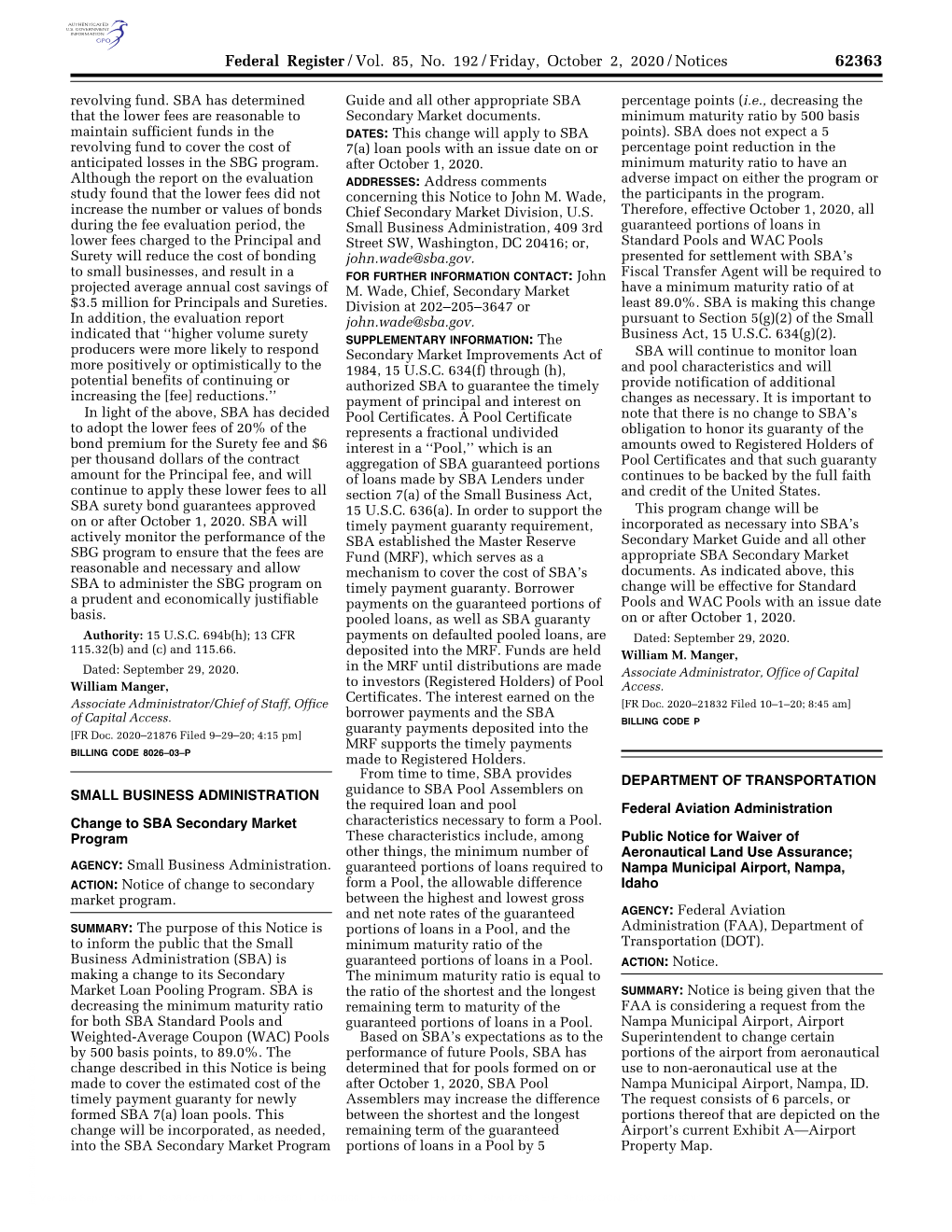 Federal Register/Vol. 85, No. 192/Friday, October 2, 2020/Notices