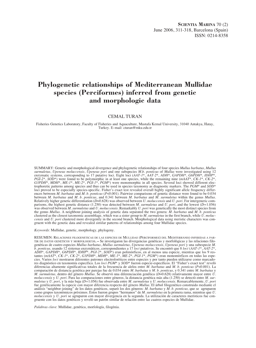 Phylogenetic Relationships of Mediterranean Mullidae Species (Perciformes) Inferred from Genetic and Morphologic Data