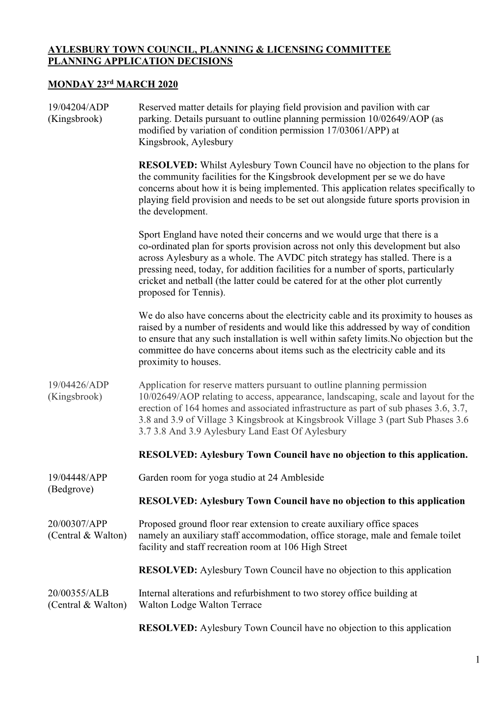 Planning Application Decisions 23-03-2020