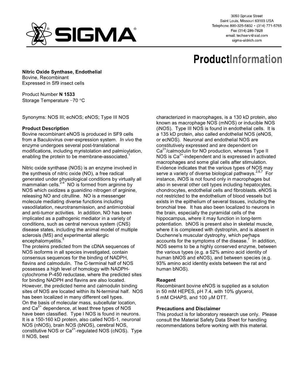 Nitric Oxide Synthase, Endothelial Bovine (N1533)