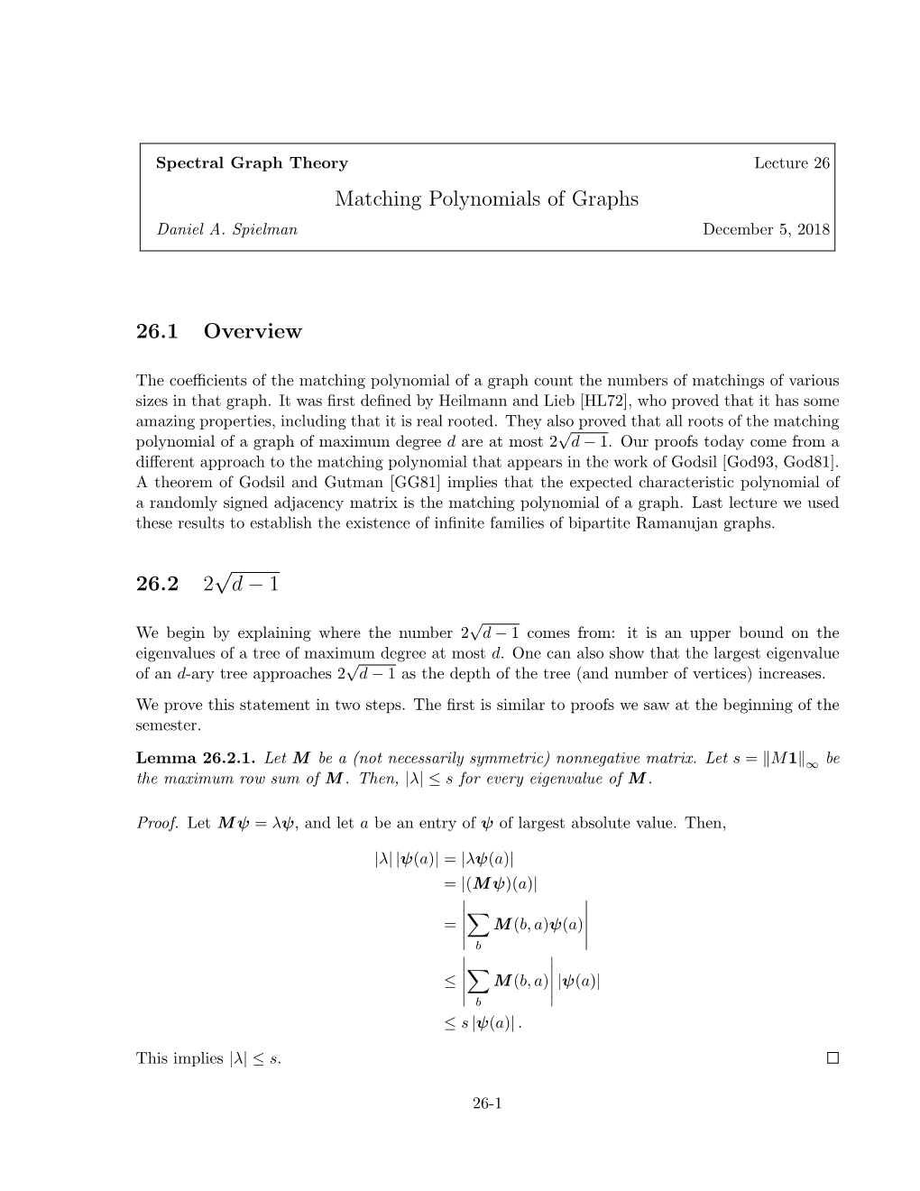 Matching Polynomials of Graphs 26.1 Overview 26.2 2 √ D