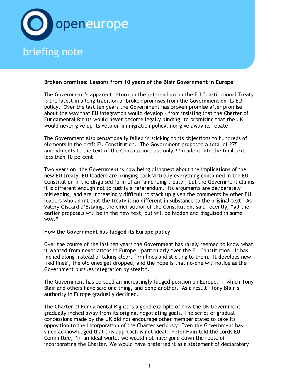 Broken Promises: Lessons from 10 Years of the Blair Government in Europe the Government's Apparent U-Turn on the Referendum On