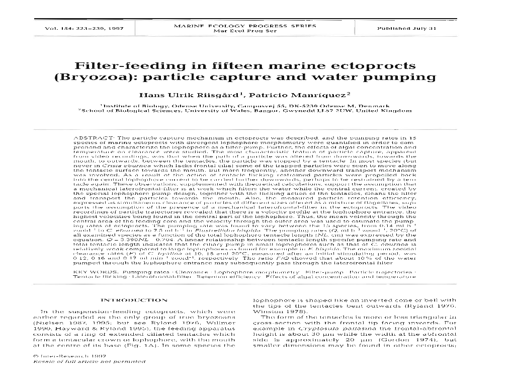 Bryozoa): Particle Capture and Water Pumping